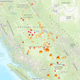 Wildfires in BC. Flame icon are fires of note, red dots are new fires, and orange dots are small active fires. (Image: Government of British Columbia)